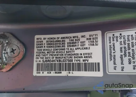 2011 Honda Cr-V Ex-L from USA, damaged, VIN 5J6RE4H7XBL037568